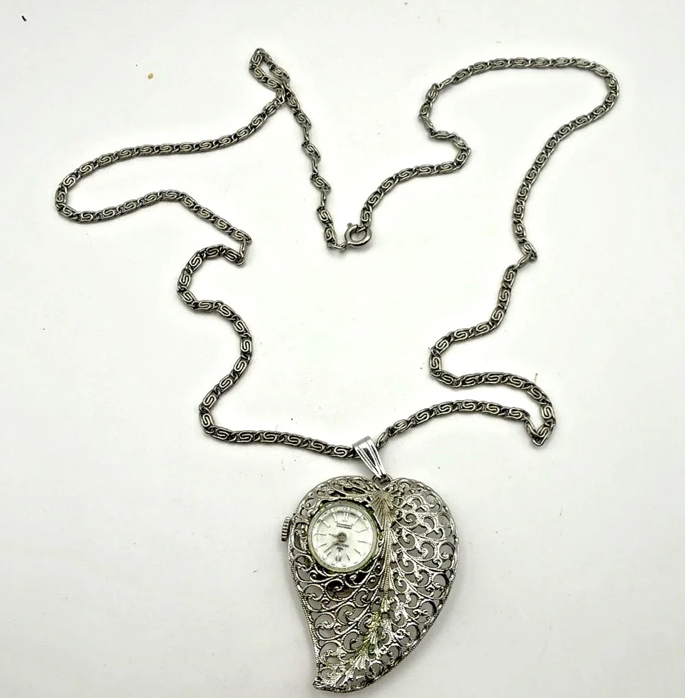 Heritage Swiss Pendant Watch Necklace Filigree Leaf Holder 1 Jewel Vintage